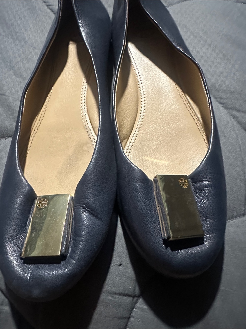 Tory Burch Navy Leather Logo Plaque Flats